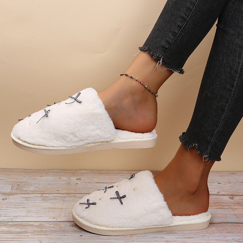 Cute girly ins style cotton slippers for women indoor flatsfor homeheattechfall and winterbowspopular furry slippers