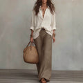 Fashion cross-border plus size cotton and linen shirt suit lapel long sleevesloose shirt high waistloose pantstwo-piece set