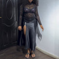 European and american cross-border women's fashion:  autumn new collection - elegant lace long-sleeve fitted top and slit midi skirt set