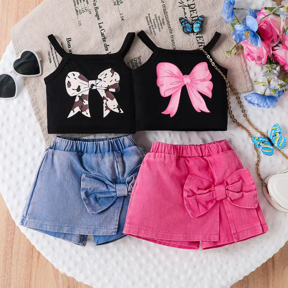 Children's clothingexport cross-border summer sweet cool girl bow printing suspender + pants skirt set
