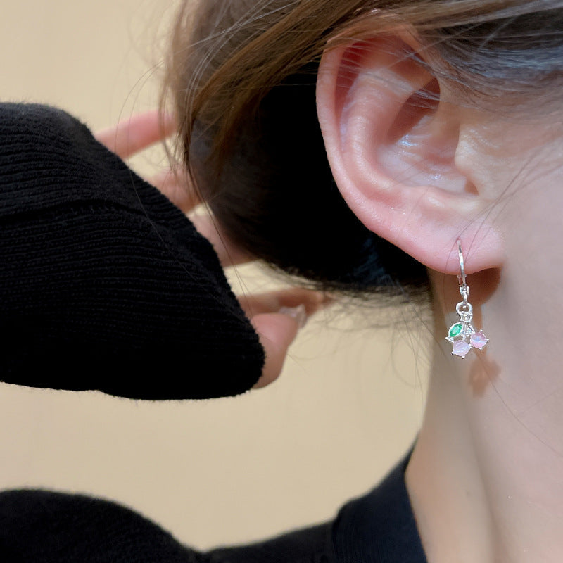 Spring pink cherry earrings 2026 niche style ear cuffs fashionable elegant sweet forest style accessories