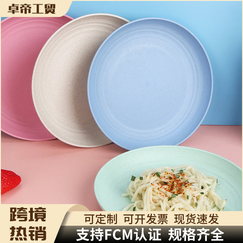hot-selling wheat straw plate, canteen household fruit round plate, western food plate, kids plastic dinner plate, bone spitting plate