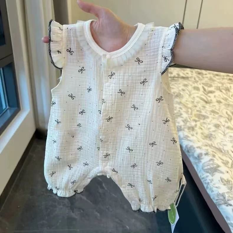 Summer romper for baby girls - adorable princess style, newborn flutter sleeve muslin lightweight bodysuit