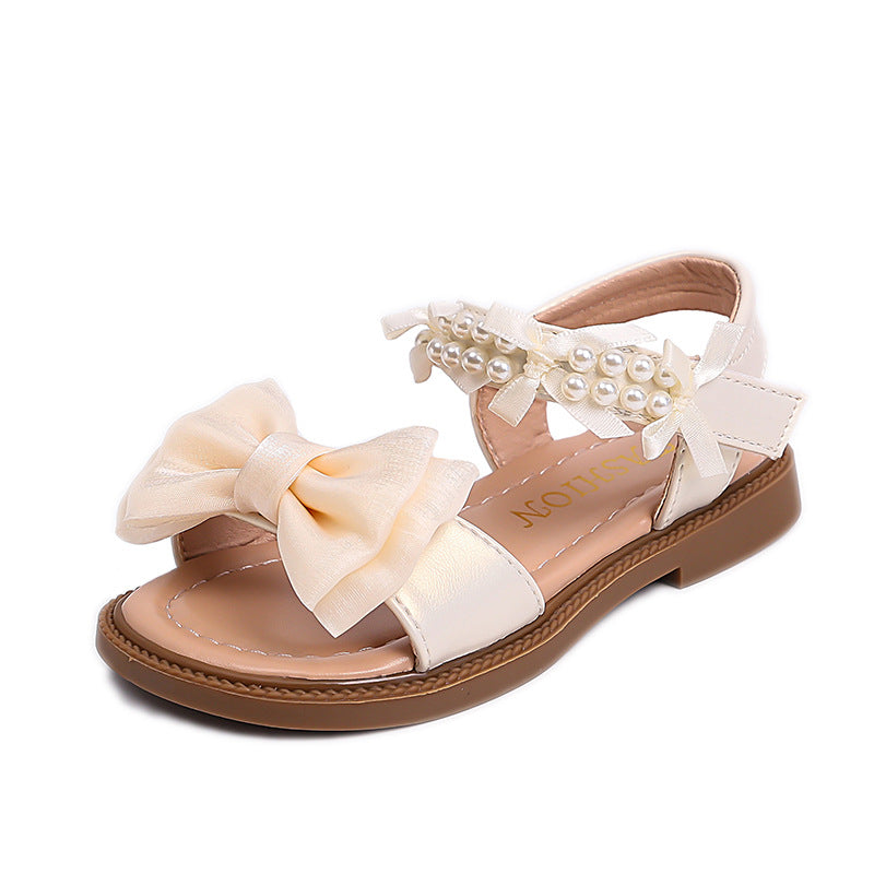 Vancahao kids' chanel-inspired pearl open-toe sandals -  summer new korean style girls' bow princess shoes
