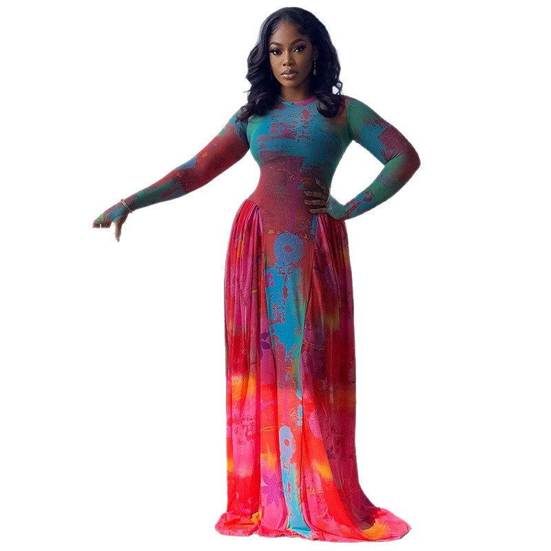 European and american style ins cross-border women's retro pleated print patchwork waist a-line dress - round neck, long sleeve, suitable for home wear