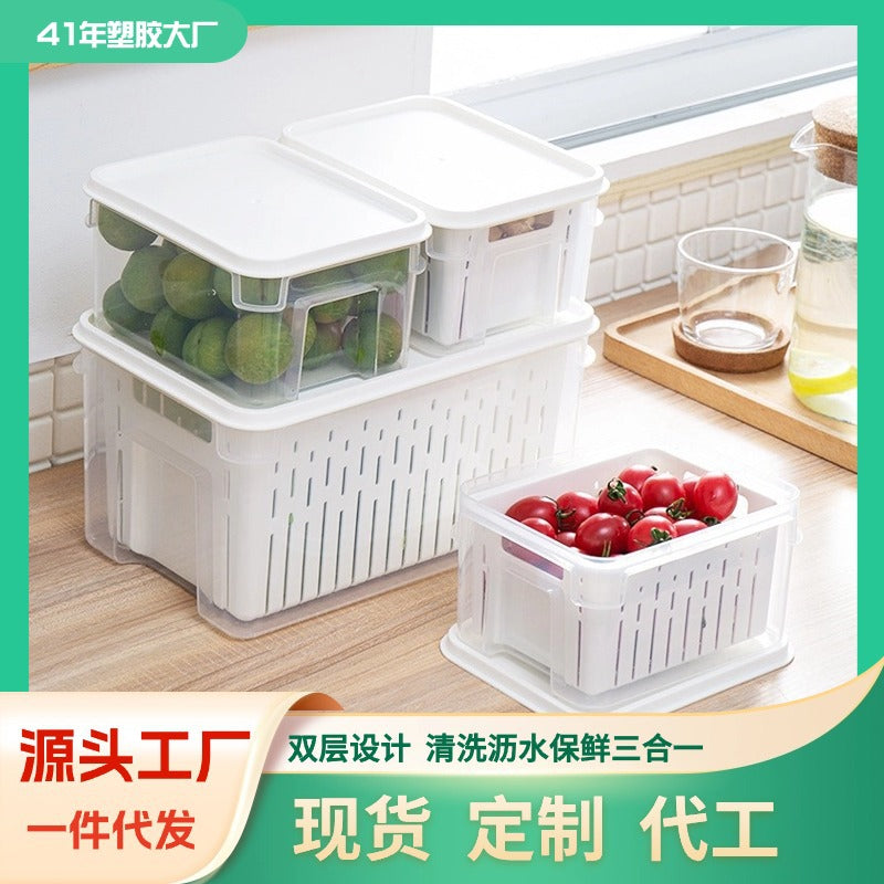 Refrigerator plastic crisper, kitchen fruits and vegetables fresh finishing, transparent sealing, double-layer drain stacking storage with handle