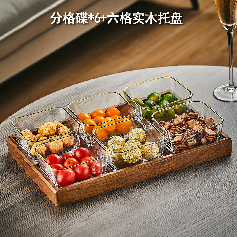 Walnut wood fruit bowl snack storage box - premium glass dried fruit dish - coffee table dessert & candy organizer