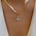 Wholesale korean-style necklace: trendy ins jewelry for autumn/winter. versatile, diamond-studded butterfly pearl sweater necklace with a chic, chanel-inspired design for women