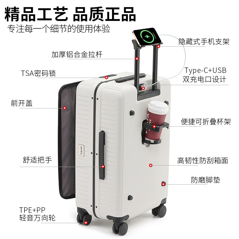 Side open lid luggage female double zipper 2025 front open suitcase trolley case password case boarding case