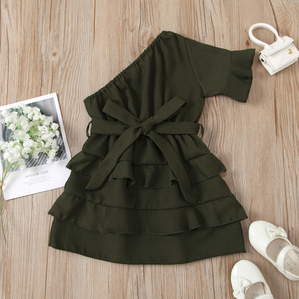 Clear! fashion cross-border girl pure color oblique shoulder patchwork multi-layer skirt dress qingqing warehouse style