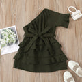 Clear! fashion cross-border girl pure color oblique shoulder patchwork multi-layer skirt dress qingqing warehouse style