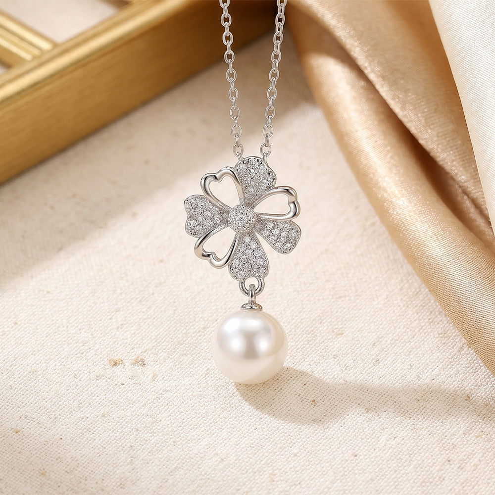 European and american hot-selling fashion zircon pearl necklace for women, lightweight luxury, niche, versatile, elegant, fashionable titanium steel clavicle chain jewelry