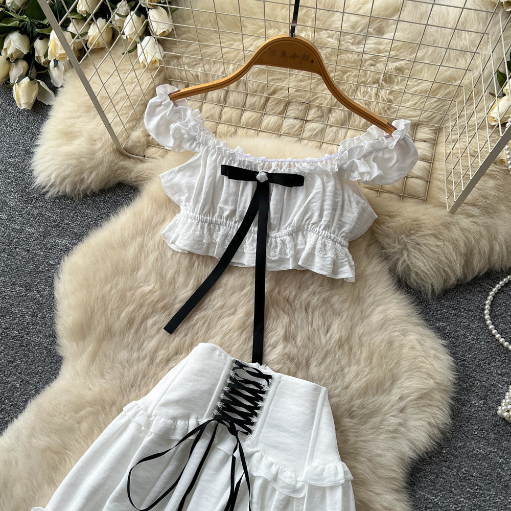 French sweet style off-the-shoulder puff sleeve top with tie-waist high-waisted tiered skirt slimming two-piece set - new summer collection for women