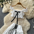 French sweet style off-the-shoulder puff sleeve top with tie-waist high-waisted tiered skirt slimming two-piece set - new summer collection for women