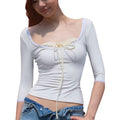 European and american style women's clothing  summer new slim-fit solid color versatile five-sleeve t-shirt, stylish and chic base layer top