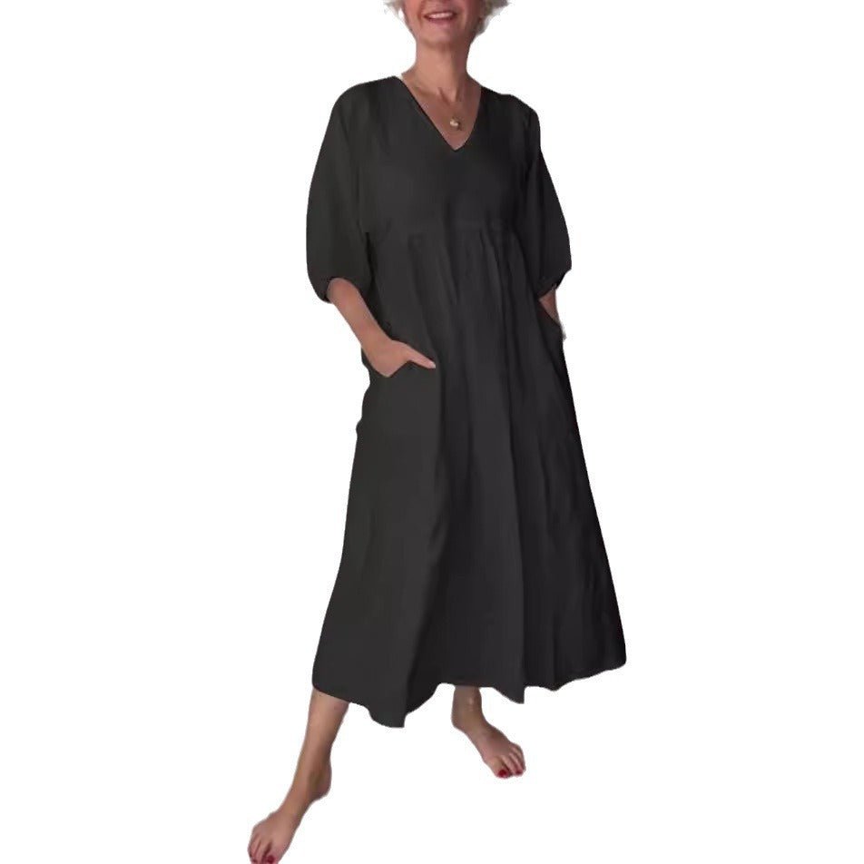 Amazon independent station fashion cross-border autum women's cotton and linen deep v neck pleated pure colorcasualflap pocket pantsdress