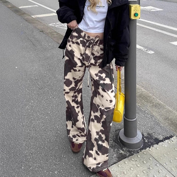 Vintage high street cow pattern casual pants women's 2025 autumn design sense contrasting color high waist straight trousers wholesale women's clothing