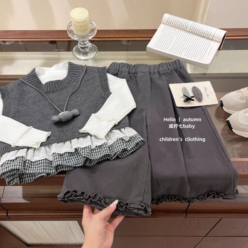 Girls' outfit set  autumn korean style sweet kids lace trim vest dark grey wide leg pants three-piece set