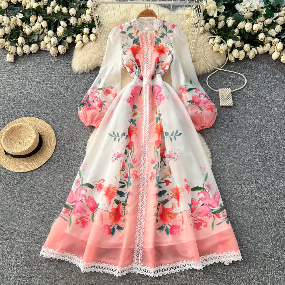 French retro floral print dress - women's early spring long sleeve slim fit a-line maxi dress - romantic vacation style elegant dress