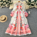French retro floral print dress - women's early spring long sleeve slim fit a-line maxi dress - romantic vacation style elegant dress
