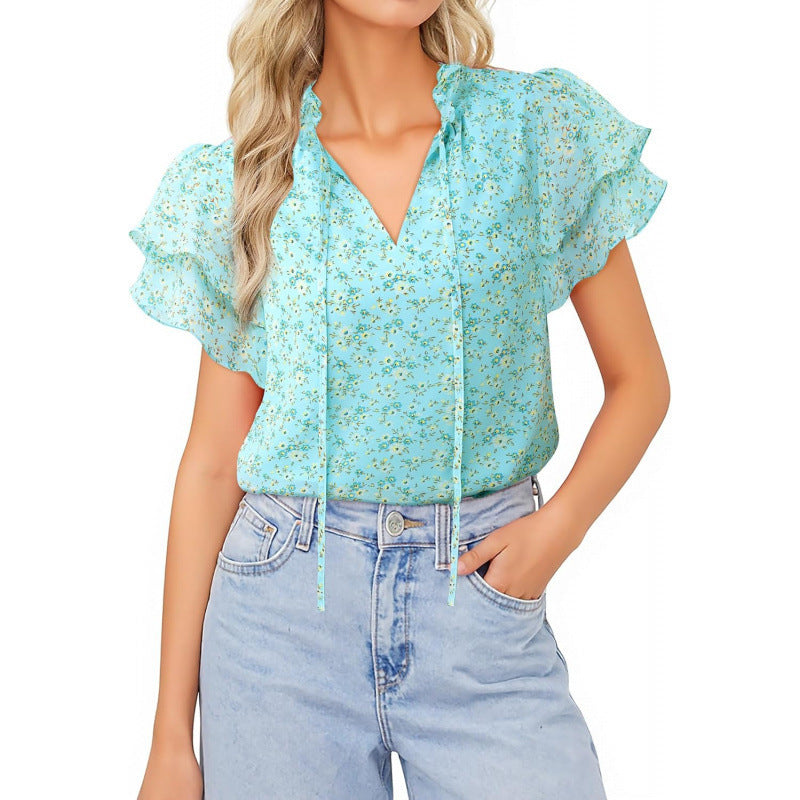 Amazon eleganceelegant short-sleeved topssummernew arrivalv neckruffle sleeve chiffon floralshirt