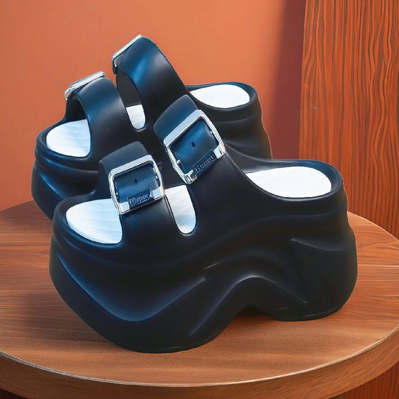 Fashion wedge sandals and slippers double strap heightening k-style women's summer ins trendy elegant buckle stepping on shit feeling easiest for matchthick sole