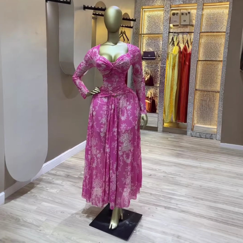 European and american cross-border women's clothing:  summer new arrival - elegant square neck bandeau printed slim-fit maxi dress