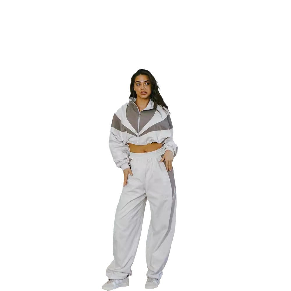 European and American loose casual women's clothing fashion contrasting colors long-sleeved sports cardigan trousers two-piece set women's trousers set women
