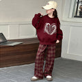 Girls' spring/autumn  new red hoodie and chic casual plaid pants set - loose-fit top two-piece outfit for girls
