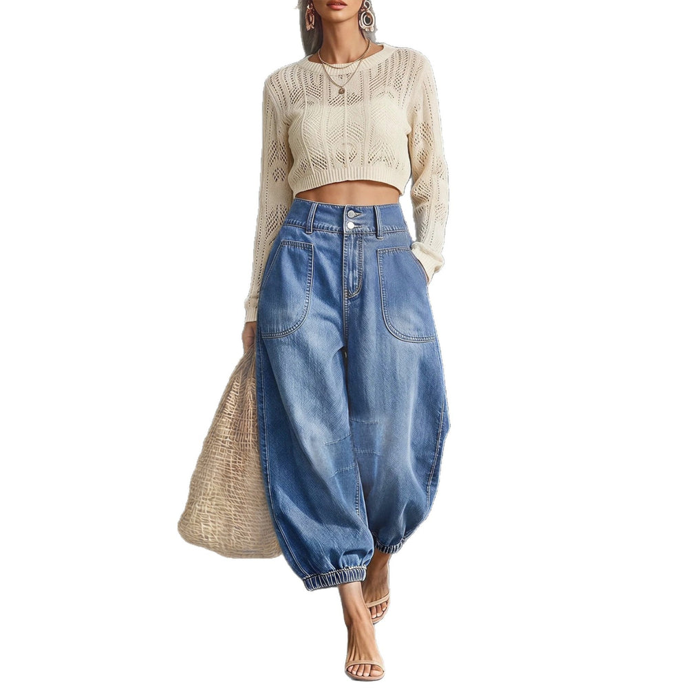 Fashionjeans double-button high waist patch pocket washed distressed jogger pants bloomers exportcasualloose denim women's pants
