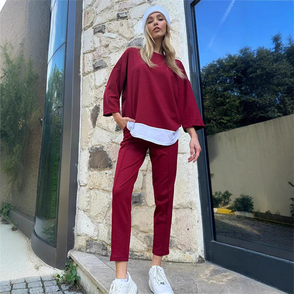 Autumn new long-sleeved suit, fake two-piece loose sweater suit, design sense jumper, straight casual trousers for women