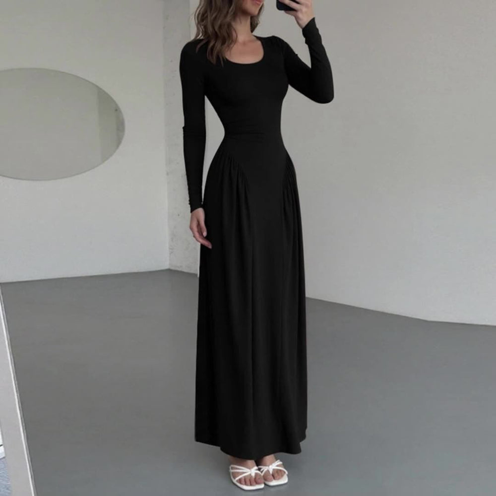 fashion style  fall and winter new arrivalpure color frenchelegancelong sleeves u-neck waist large swing dress wholesale