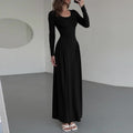 fashion style  fall and winter new arrivalpure color frenchelegancelong sleeves u-neck waist large swing dress wholesale