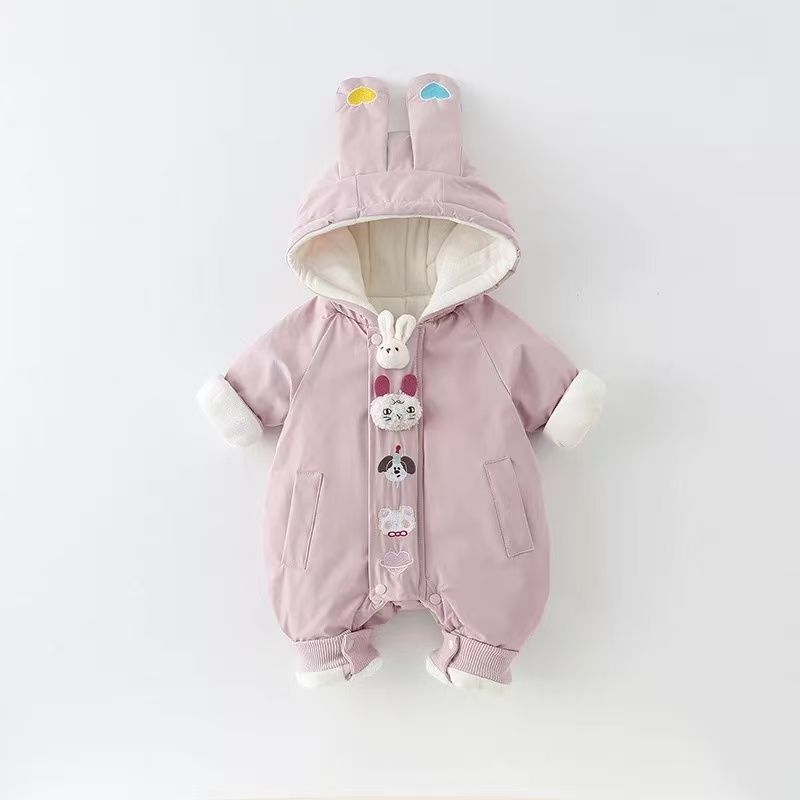 Baby girl winterfleece-lined jumpsuit winter thickenedheattech cartoon cute jacket climbing suit hooded khaki