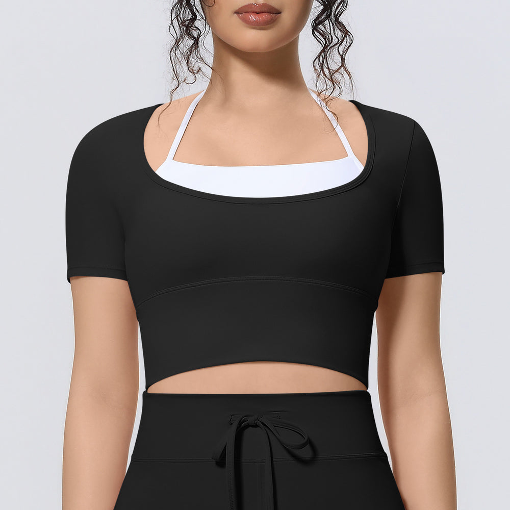 Cloud-feel two-piece look yoga top with built-in bra pads - perfect for outdoor running, fitness, pilates, and activewear