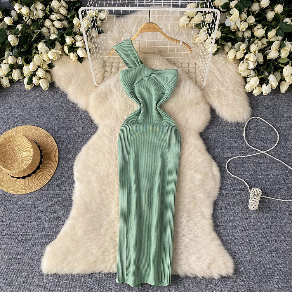 European and american high-end knitted asymmetrical neckline dress - women's summer irregular light luxury slit design - pure desire hot girl maxi dress