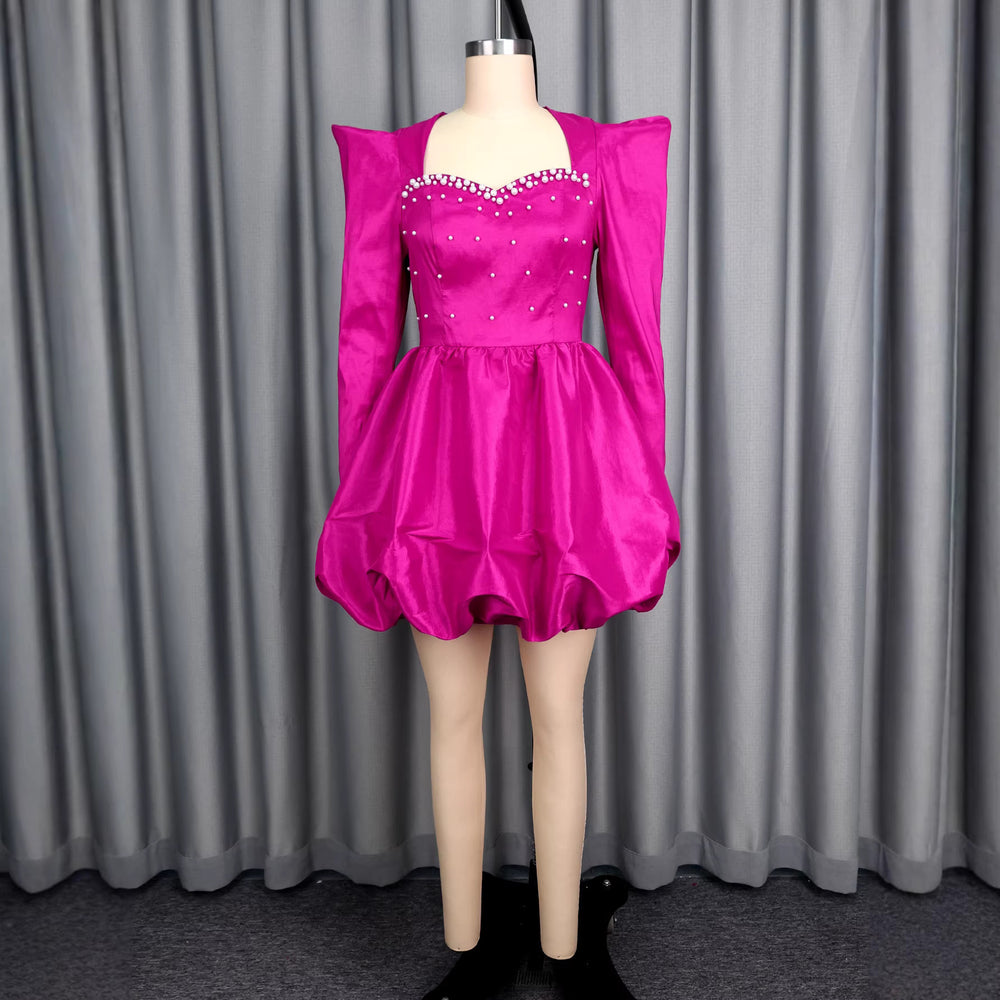 European and american fashion square neck beaded long sleeve party dress - lantern sleeve cinched waist puffy skirt evening gown dress