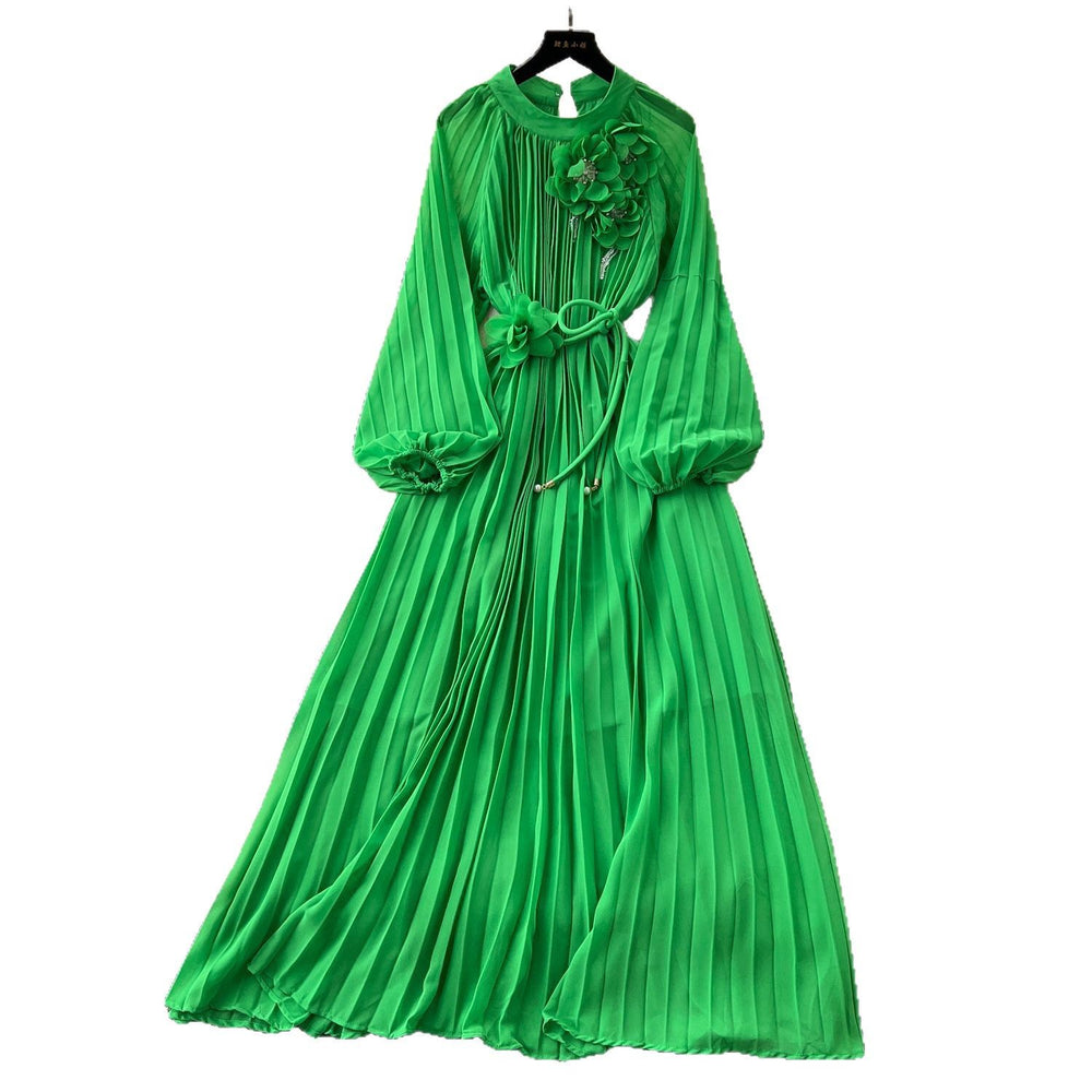 Frenchclassyelegancedress women's heavy industry beading stereo flower strap waist draped large swing pleated long skirt