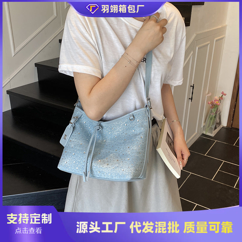 Cross-border explosion 2025 denim hot diamond simple and fashionable high-end texture foreign gas tote bag large-capacity student backpack