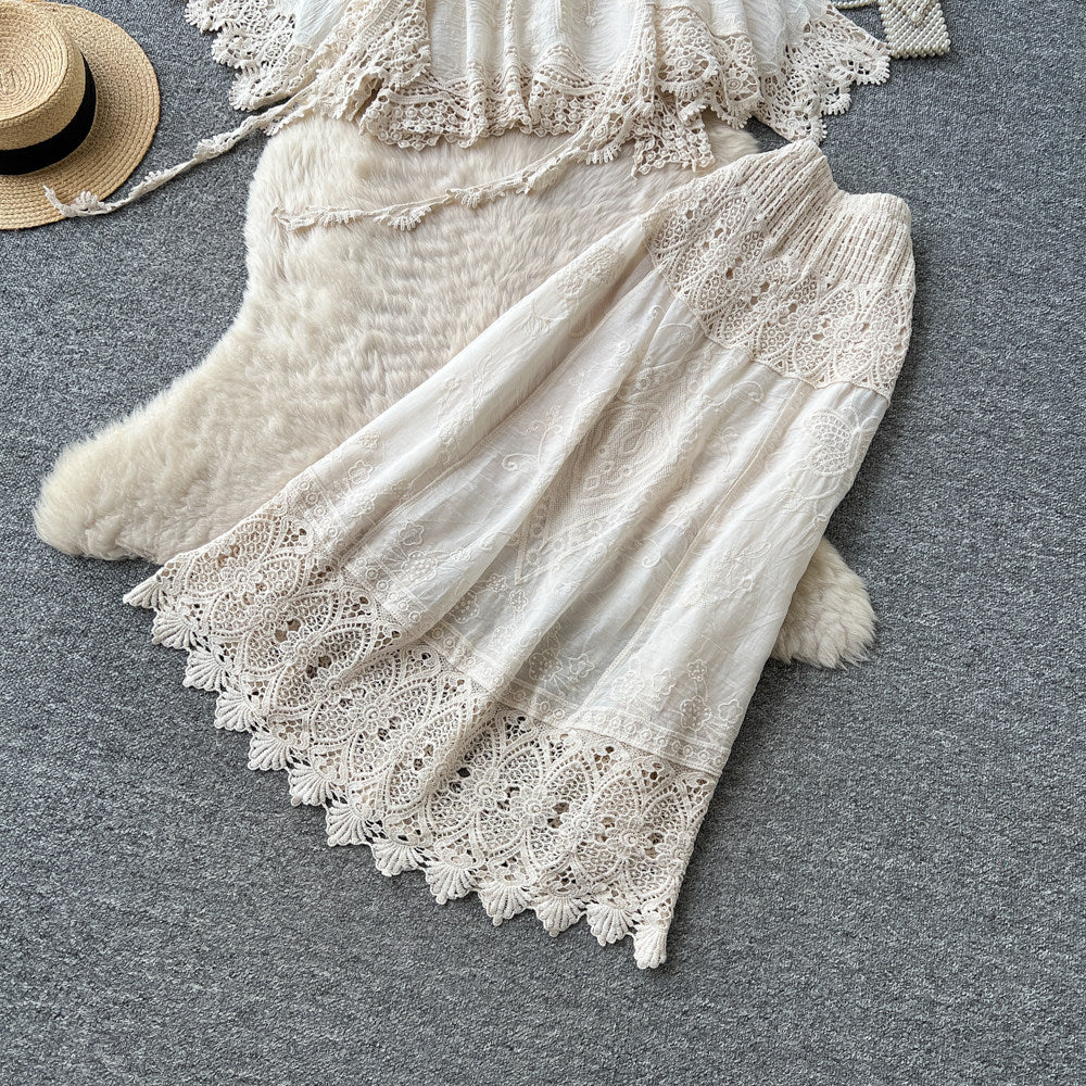 French chic lace cutout two-piece set for women - autumn 2026 elegant fashion outfit - white high-waisted set