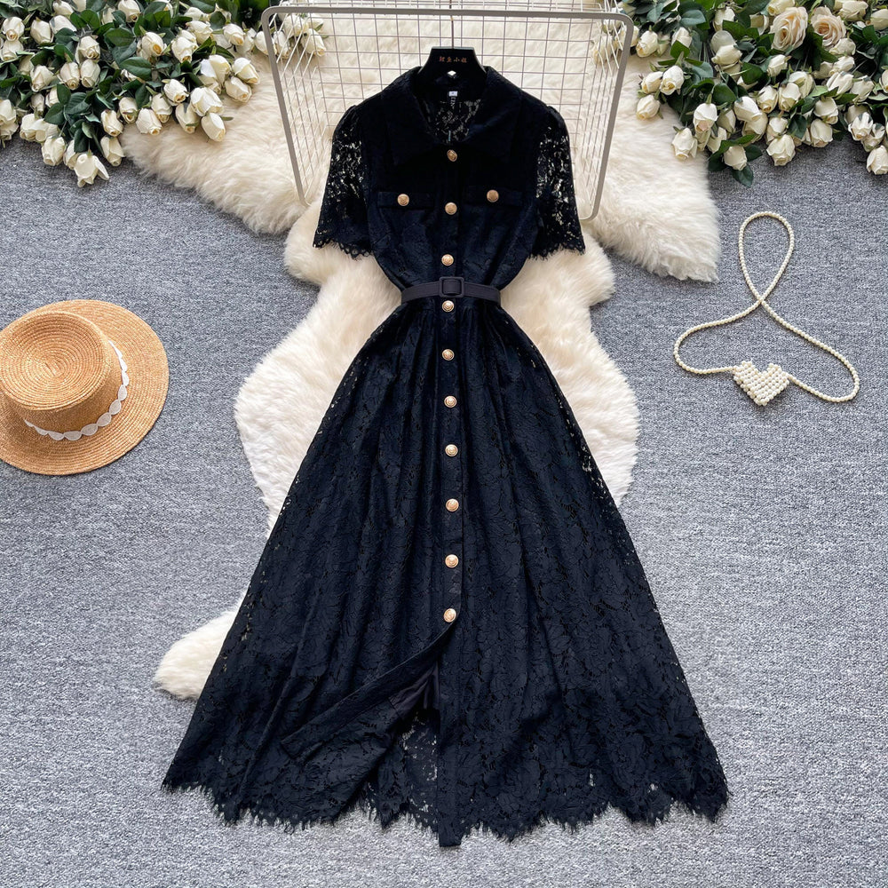 French chic pink lace dress for women, 2026 summer collection: short sleeve, turn-down collar, cinched waist, a-line silhouette - effortless elegance