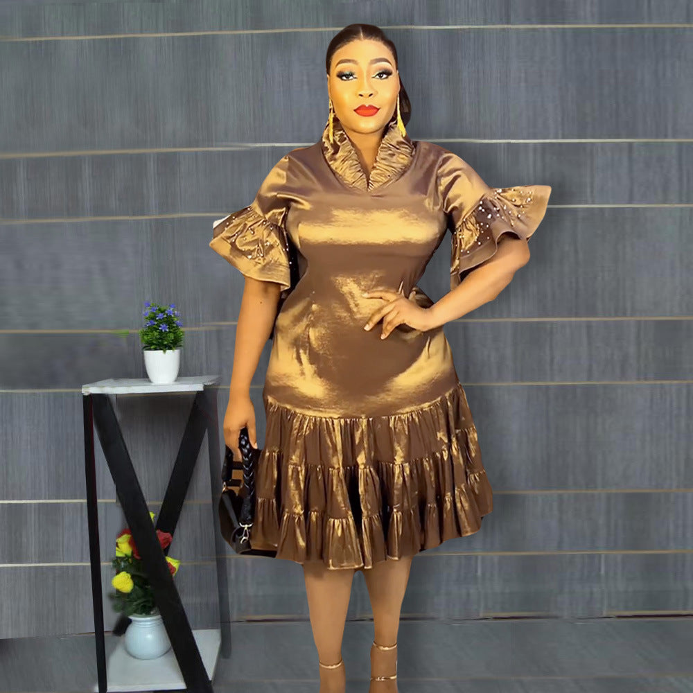Aliexpress  new european and american cross-border trade african women's plus size five-sleeve pleated ruffle hem dress