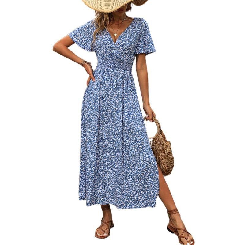 cross-border european and american floral print dress - butterfly sleeve, slit thigh maxi dress