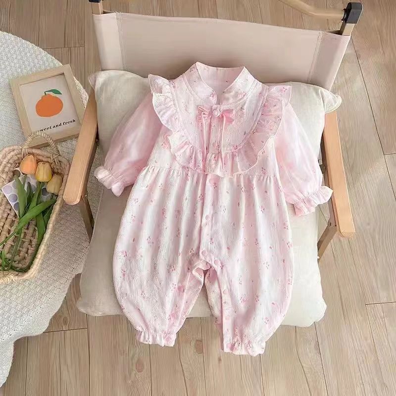Baby spring & fall romper - newborn, 100-day celebration, baby girl princess floral bodysuit, outdoor outfit, crawling suit - new arrival