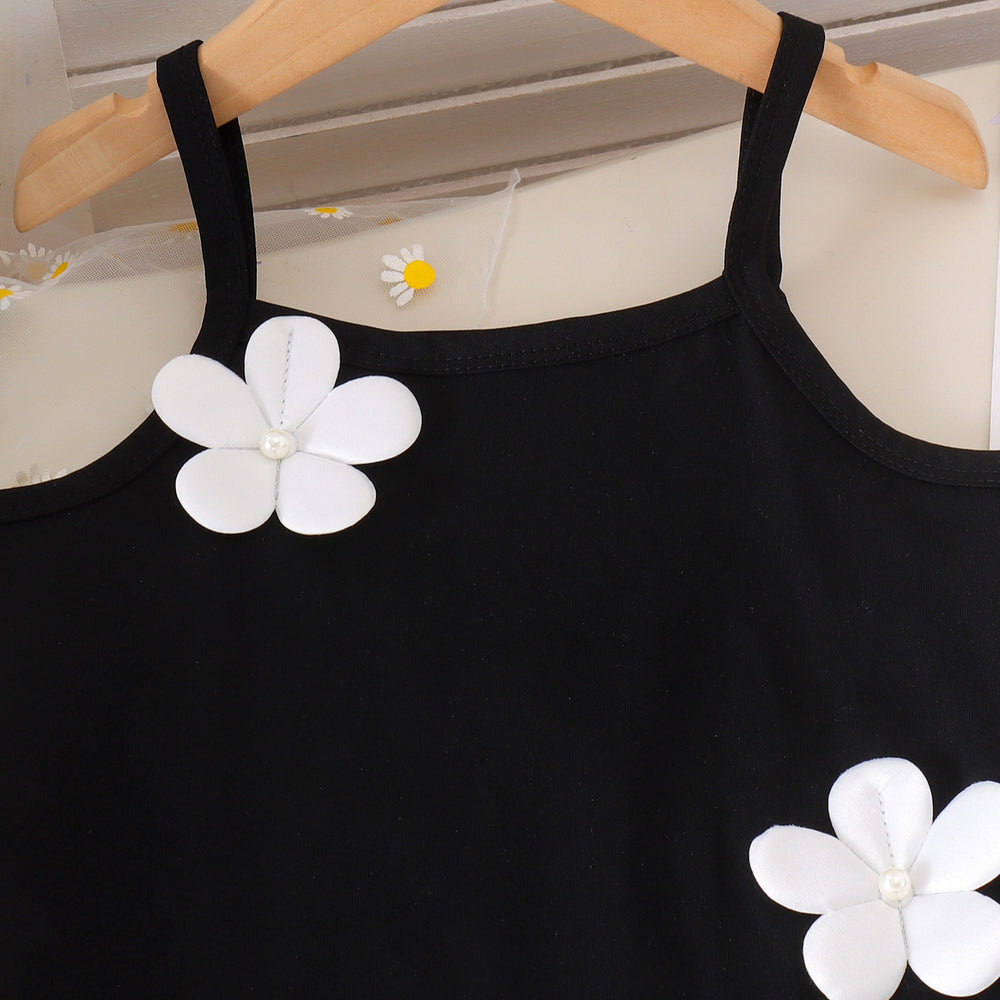 Girl's a-line sundress with 3d floral appliqués - black and white color block, perfect for a fresh summer look