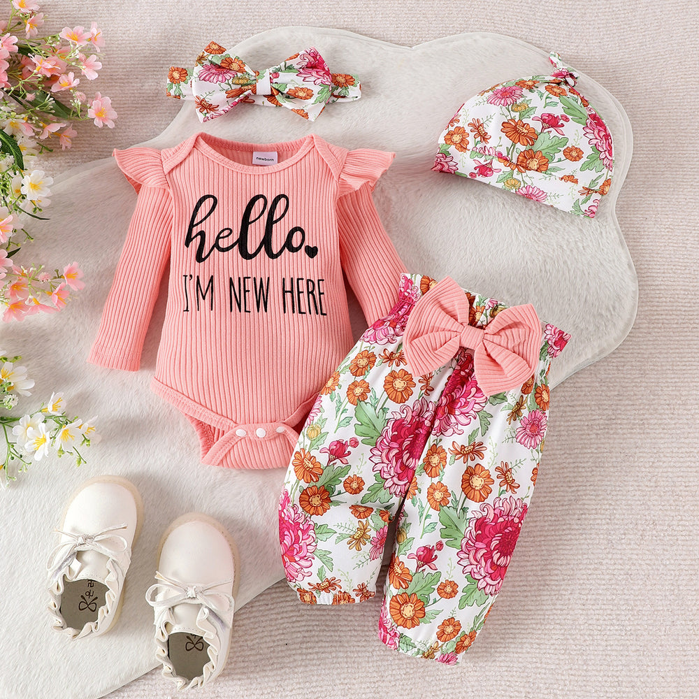 Children's clothingletterlong sleeves + flower bow patternpants