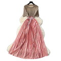 French heavy industry beading contrast colorpatchwork round neck short-sleeved dress women's waist elegantdrapedprinting over-the-knee long skirt