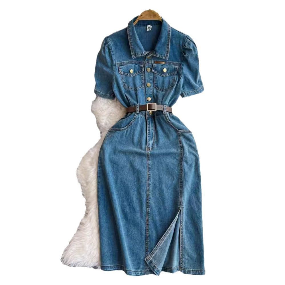 Casual denim dress women's summer  new style hong kong style elegant waist slimming look medium long slit skirt