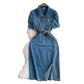 Casual denim dress women's summer  new style hong kong style elegant waist slimming look medium long slit skirt