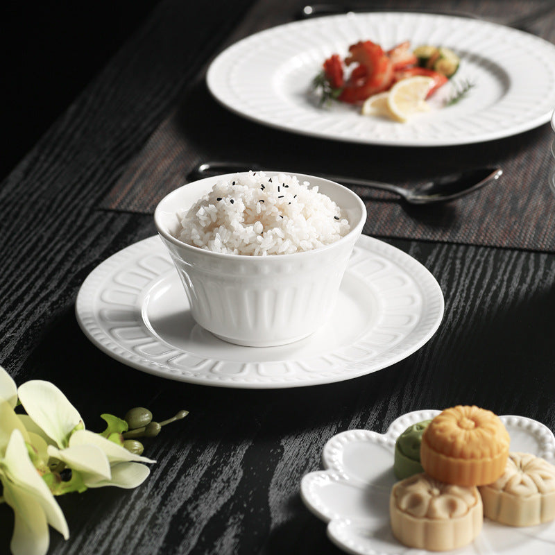 Simple stylish ceramic rice bowl for home restaurant embossed ceramic bowl dessert bowl high-looking classy tableware bowl